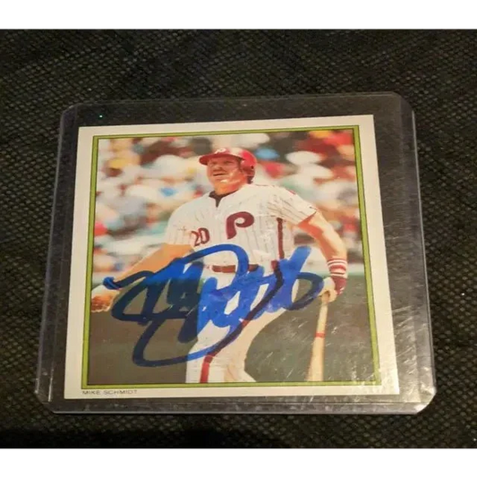 Mike Schmidt autographed baseball card in protective sleeve with COA for collectors