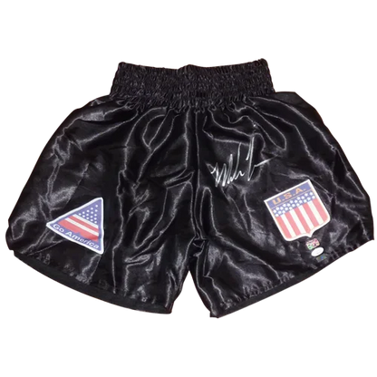 Mike Tyson autographed black boxing trunks with American flag patches