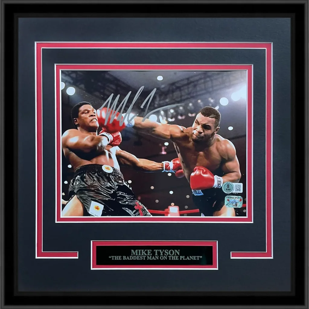 Framed autographed Mike Tyson boxing photo with Tyson Holo, red gloves