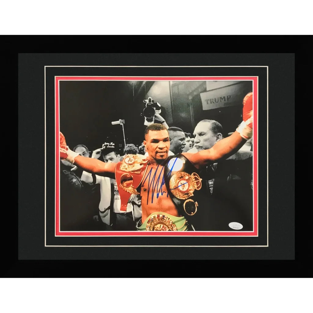 Deluxe framed 11x14 photo of Muhammad Ali in red gold robe with belts