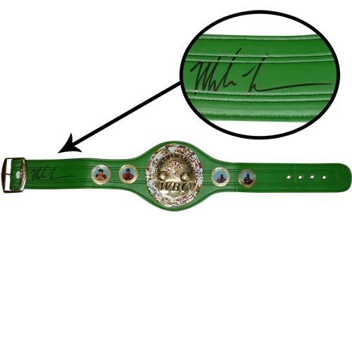 Mike Tyson autographed green WBC boxing championship belt with gold buckle