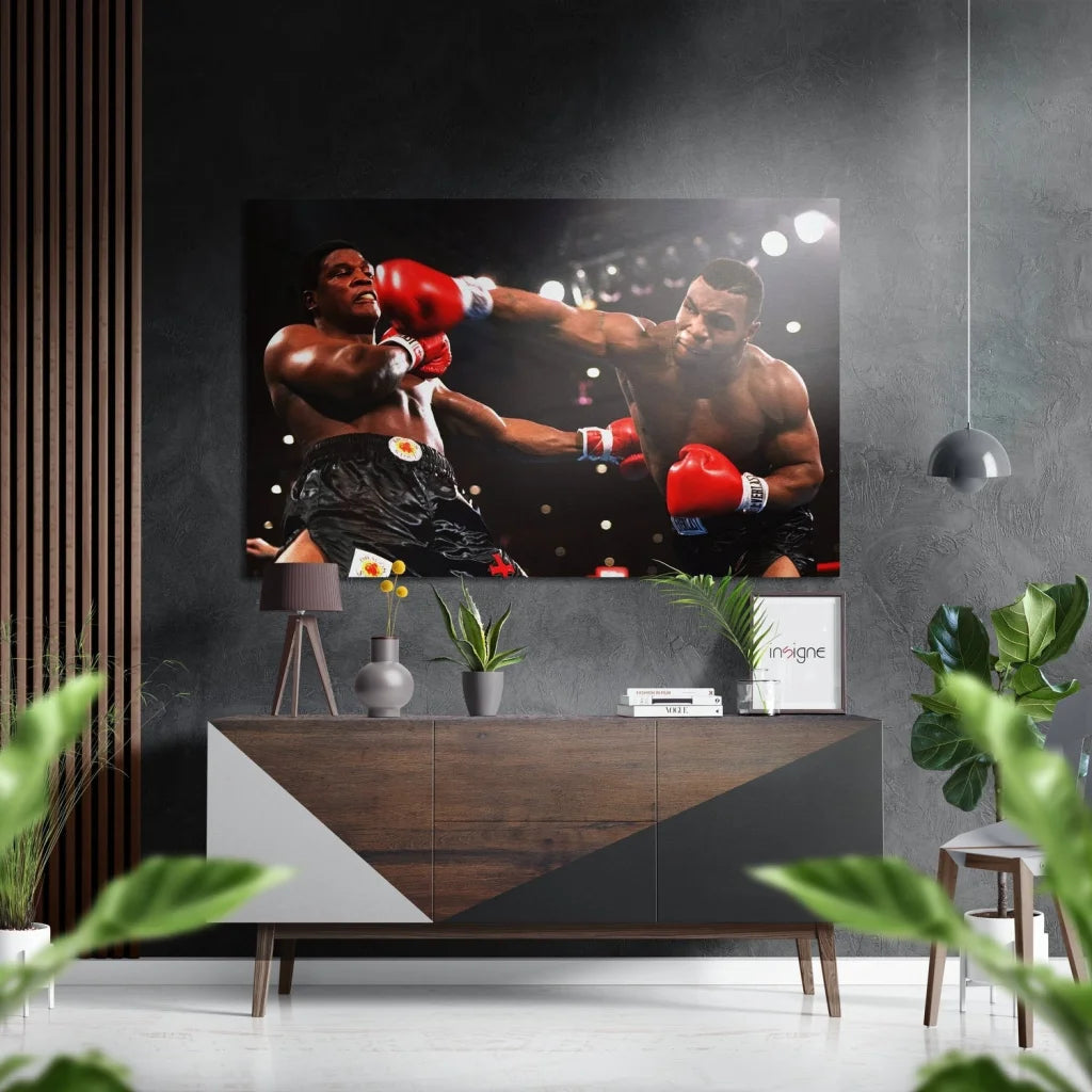Vibrant boxers mid-fight on brushed aluminium dibond wall art print