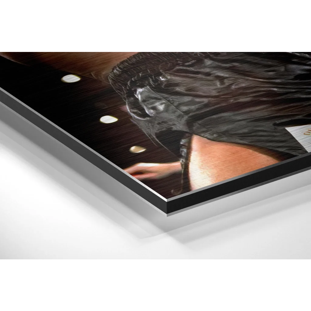 Premium brushed aluminium dibond print of dark hair close-up