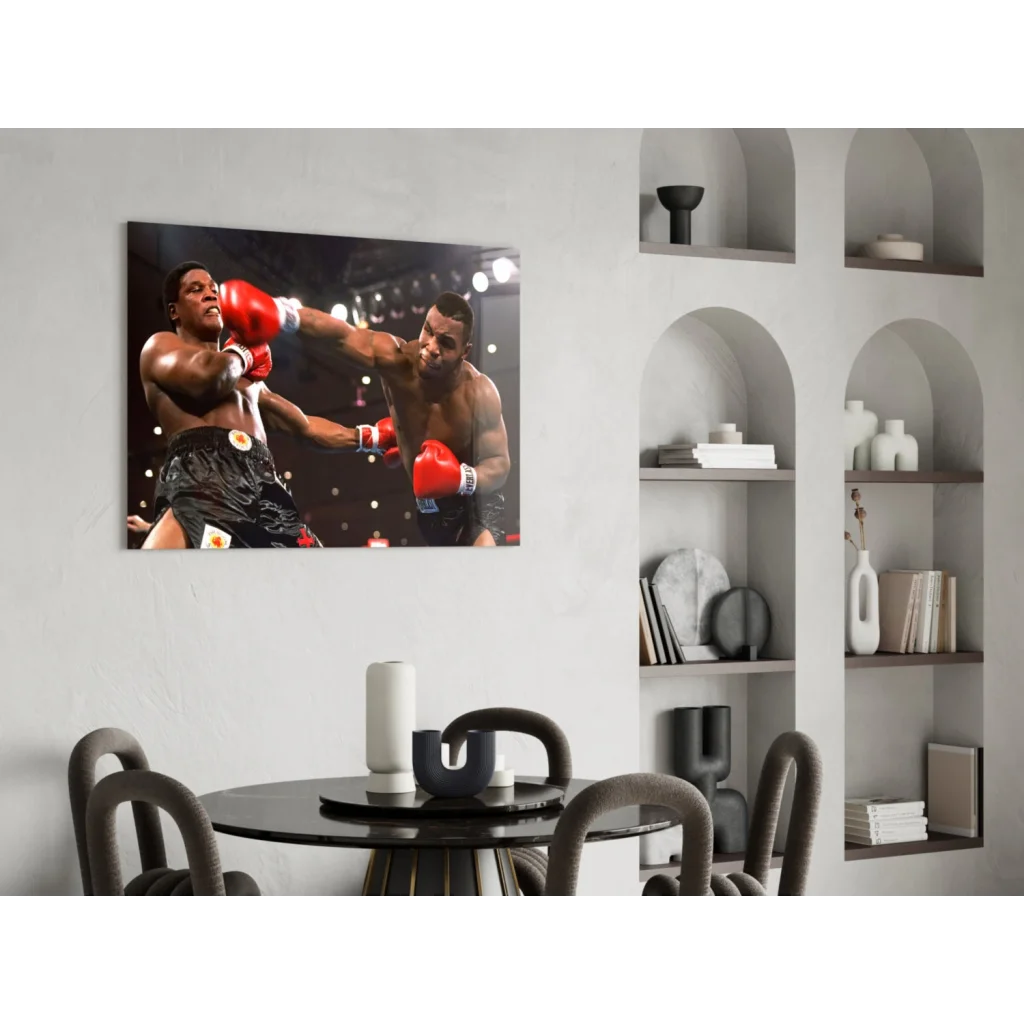 Framed boxing match on glass wall art in vivid red