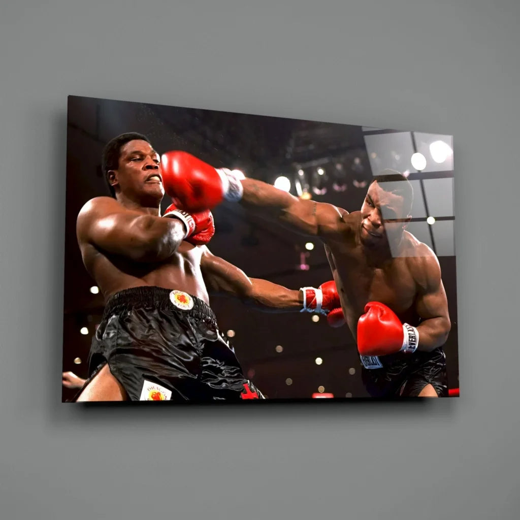 Vibrant red boxing gloves in dynamic glass wall art canvas print