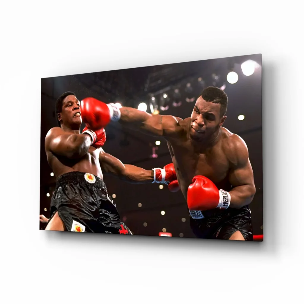 Vivid red boxing match glass wall art with two fighters in red Everlast gloves