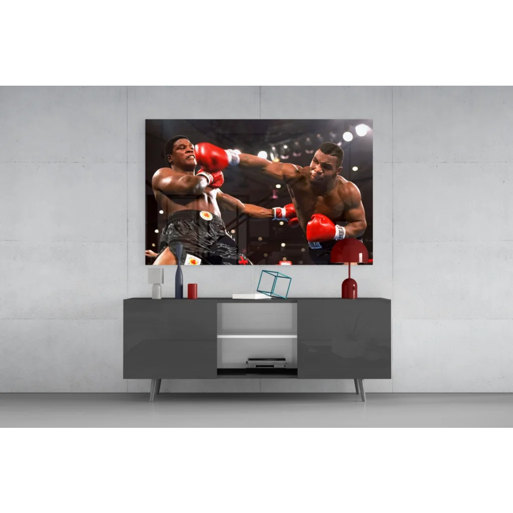Vivid red boxing match glass wall art with fighters in red gloves