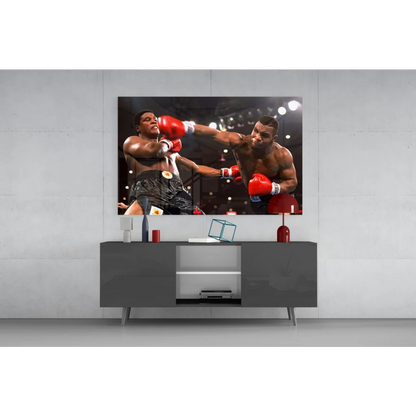 Vivid red boxing match glass wall art with fighters in red gloves