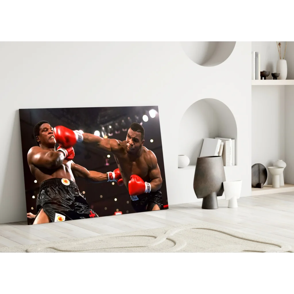 Vivid red boxing match glass wall art with two fighters in action