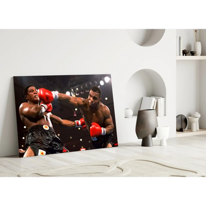 Vivid red boxing match glass wall art with two fighters in action