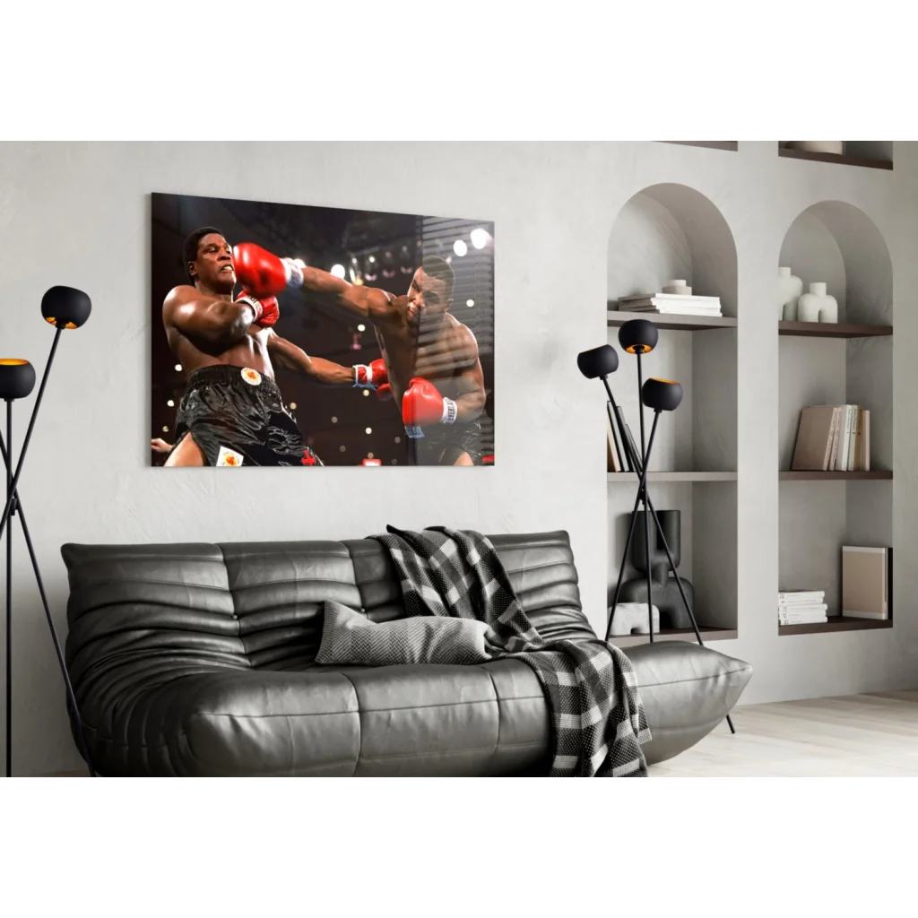 Vivid red boxing match glass wall art canvas print with dynamic fighters
