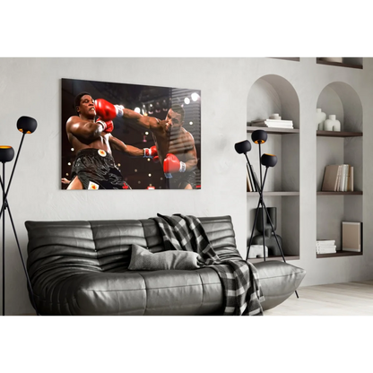 Vivid red boxing match glass wall art canvas print with dynamic fighters