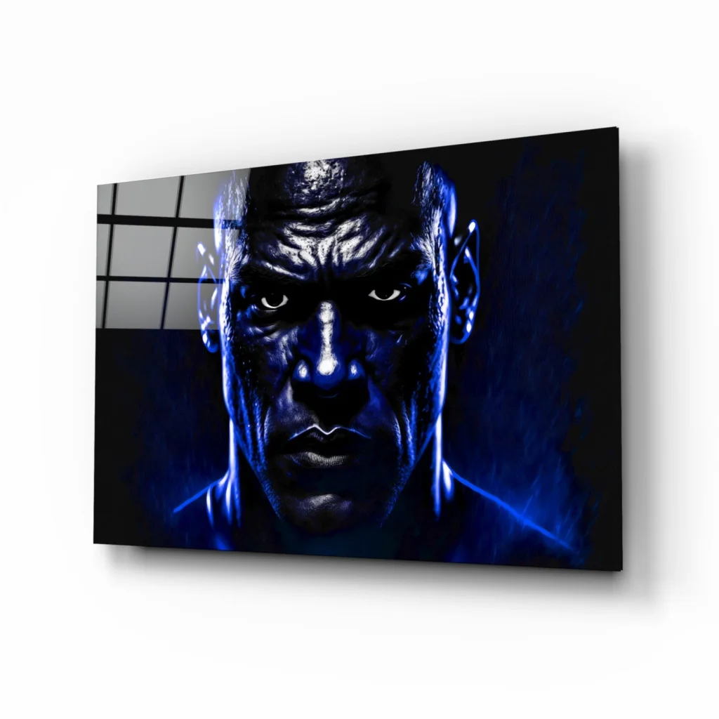 Dramatic blue-toned Mike Tyson portrait canvas wall art with glowing eyes