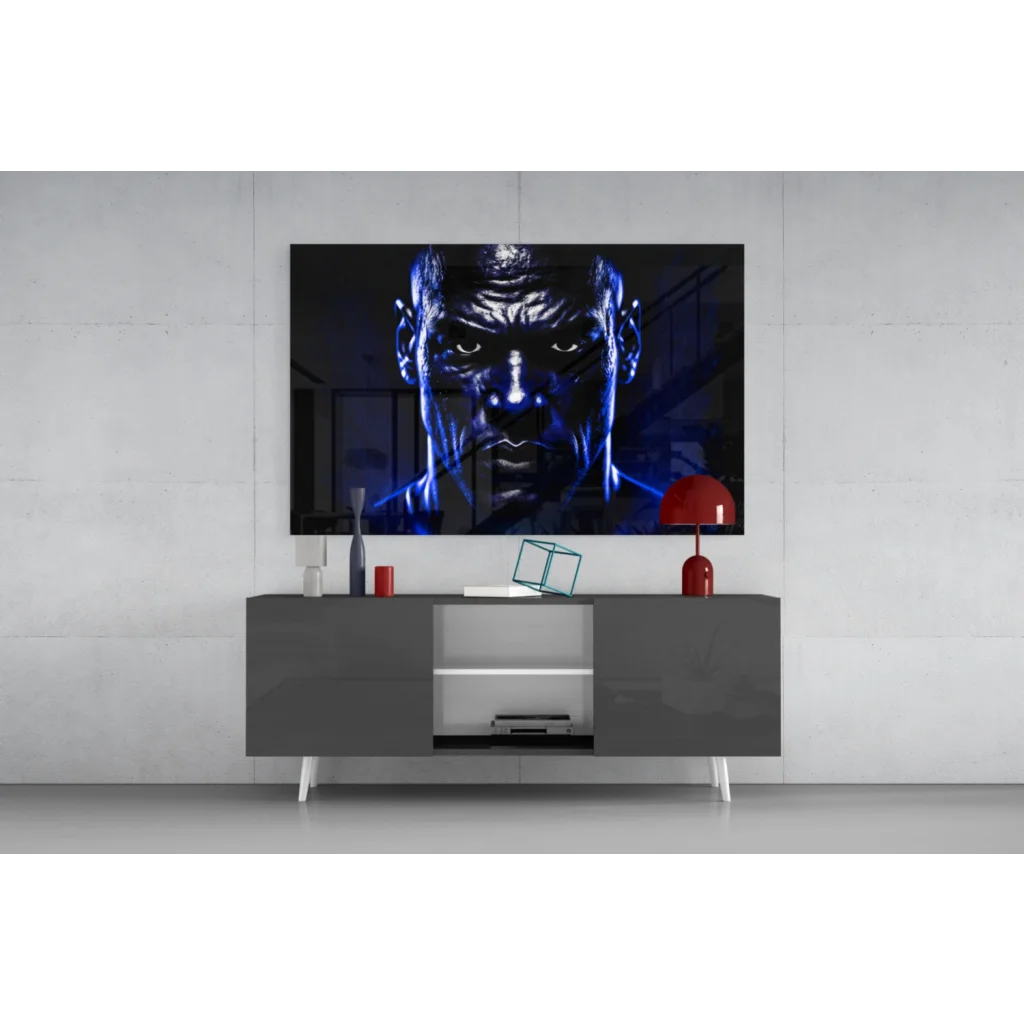 Mike Tyson intense blue-toned face glowing eyes glass wall art print