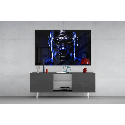 Mike Tyson intense blue-toned face glowing eyes glass wall art print