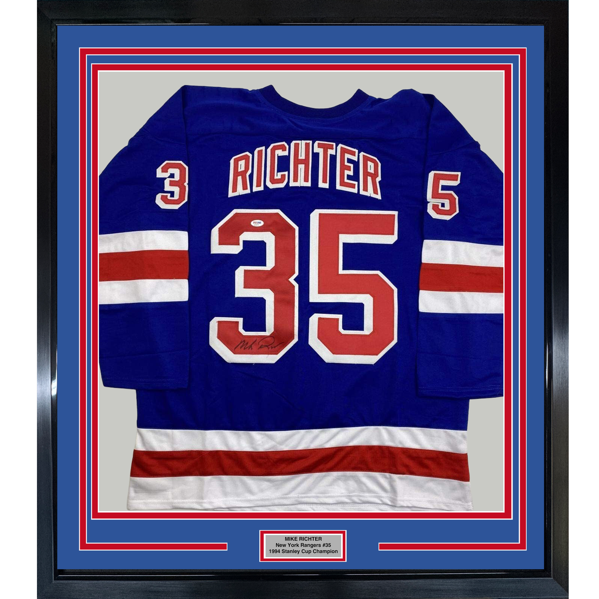 Framed blue New York Rangers jersey number 35 with "RICHTER" nameplate, red and white horizontal stripes, displayed front-facing against blue matting with red border frame.