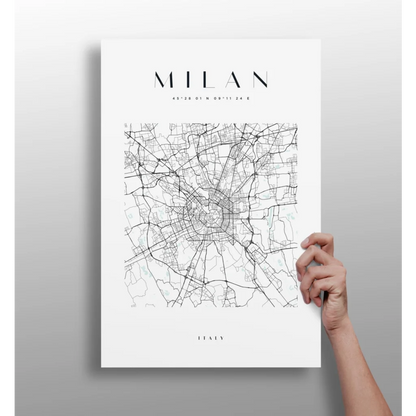 Minimalist black line art map of Milan on white aluminum print