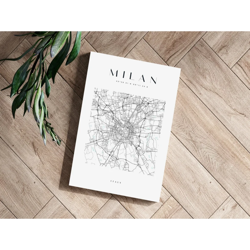 Minimalist black line map of Milan on white rectangular poster