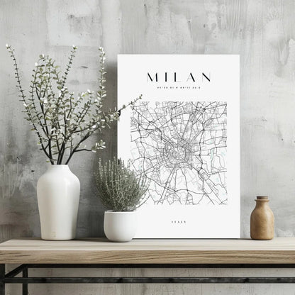 White framed Milan city map poster with minimalist black line art