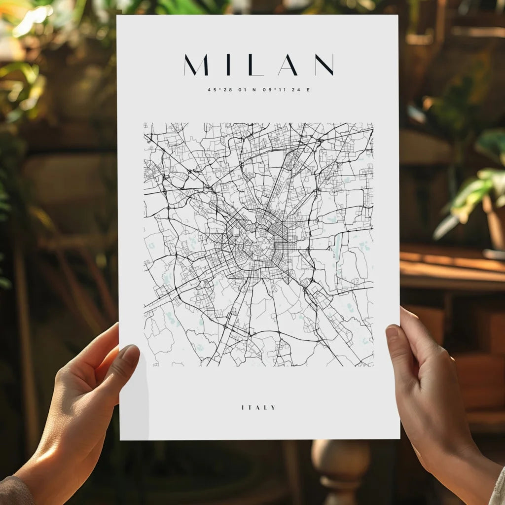 Minimalist black line art map of Milan on aluminum print