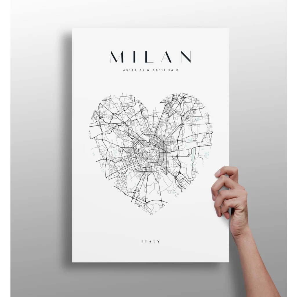 Sleek black and white Milan heart map aluminum print poster