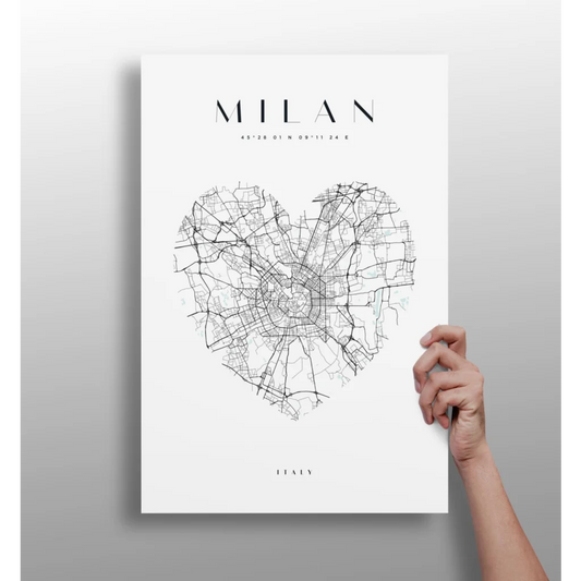 Sleek black and white Milan heart map aluminum print poster