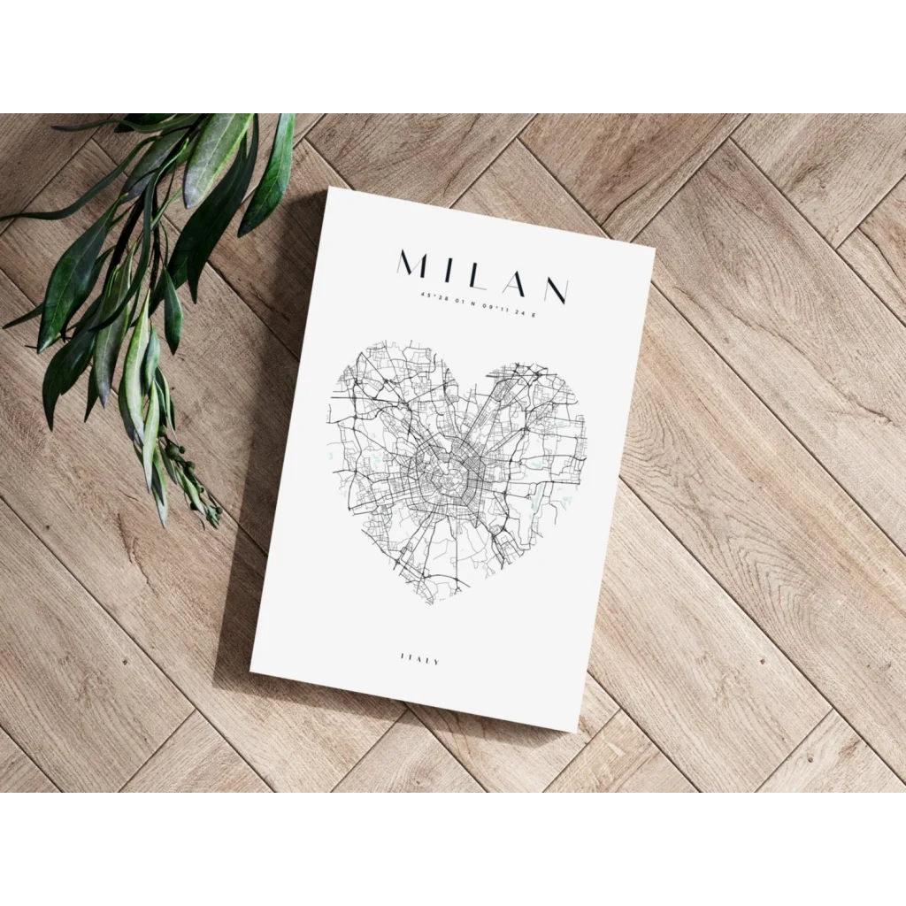 Black and white heart-shaped Milan map on matte aluminum print