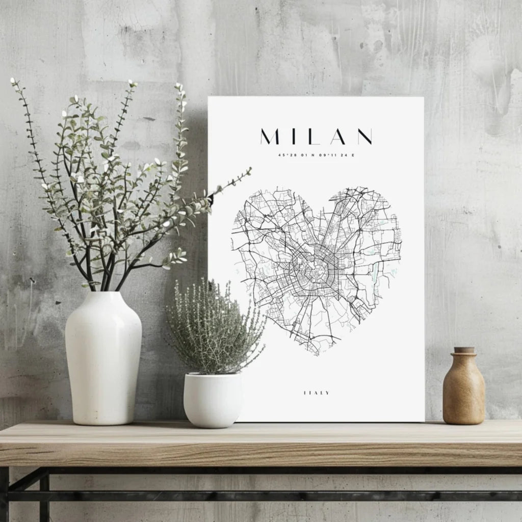 Sleek black and white Milan heart map aluminum print poster