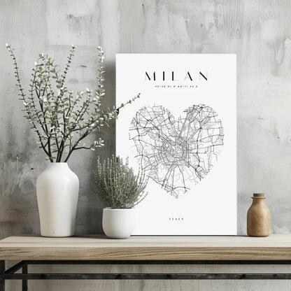 Sleek black and white Milan heart map aluminum print poster