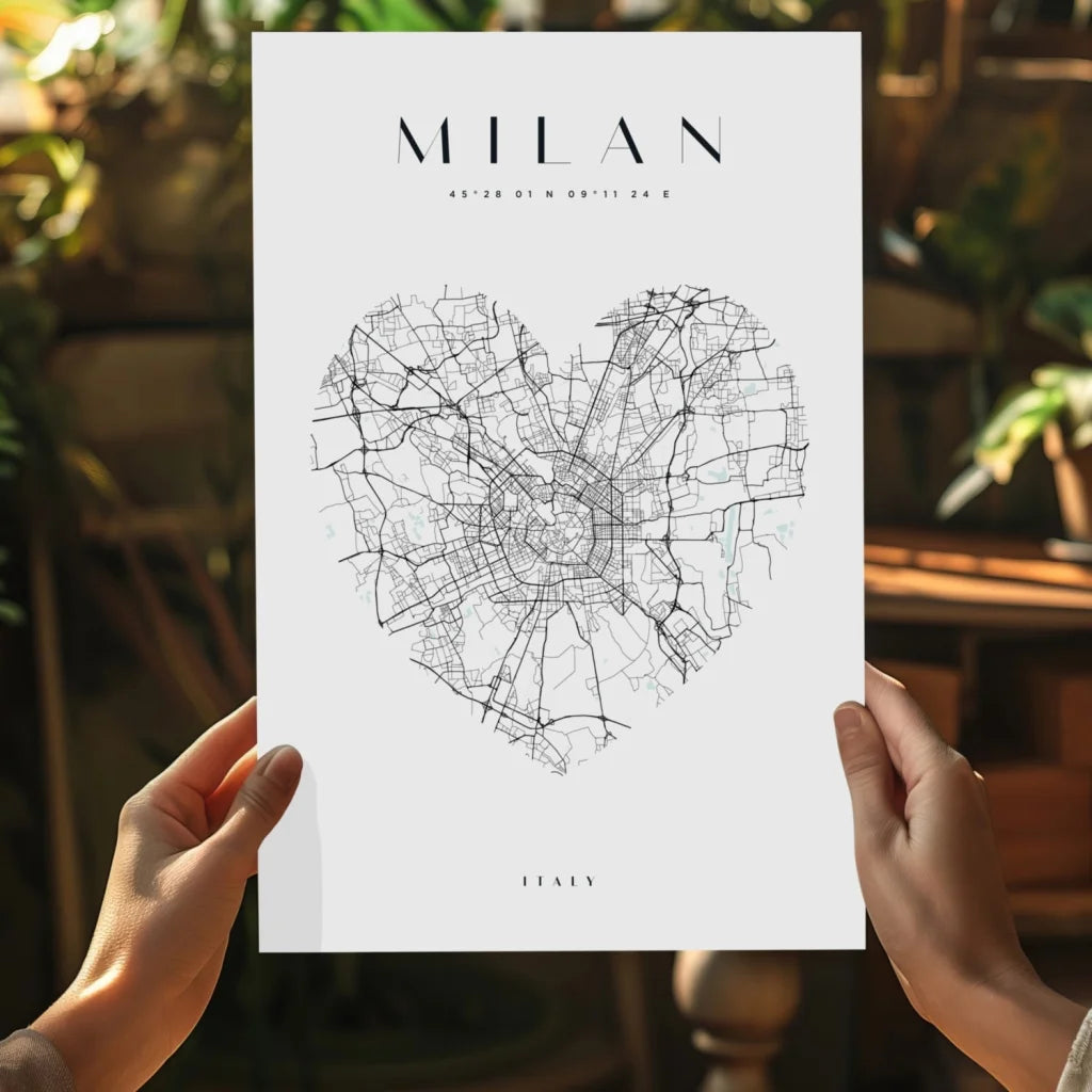 Minimalist heart-shaped Milan map poster in black and white on aluminum print
