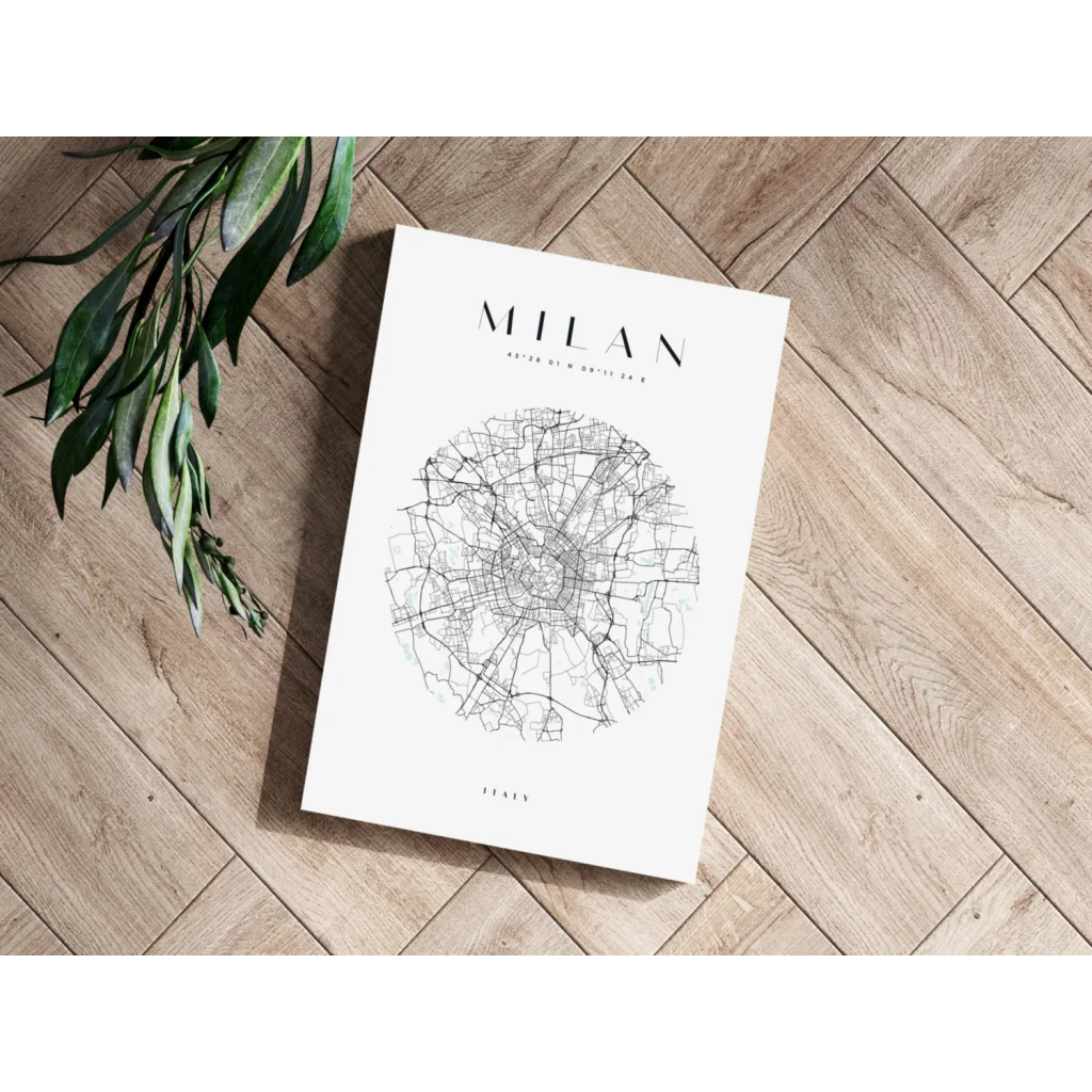 Insigne aluminum prints of minimalist black line-art Milan map on white poster