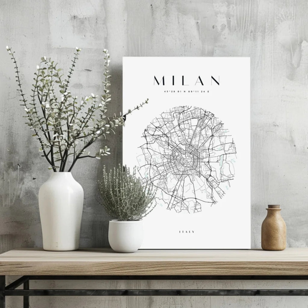 Insigne aluminum prints of minimalist Milan street map wall art