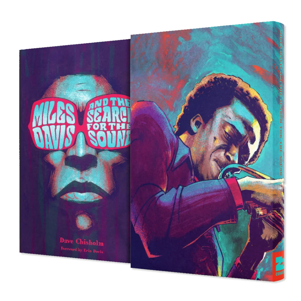 Colorful books about Miles Davis and Dave Chisholm in the Miles Davis And The Search For The Sound Deluxe Vinyl Set