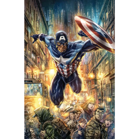 Captain America in a blue, white, and red suit with shield from the What If Miles Morales Becomes Captain America Variant Comic Cover