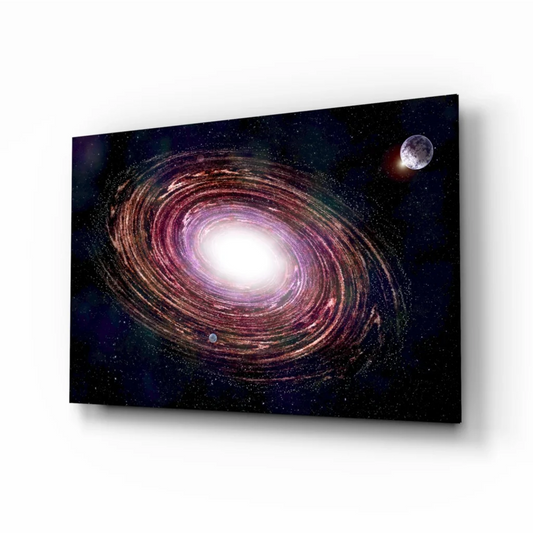 Vibrant spiral galaxy glass wall art with purple and gold swirls