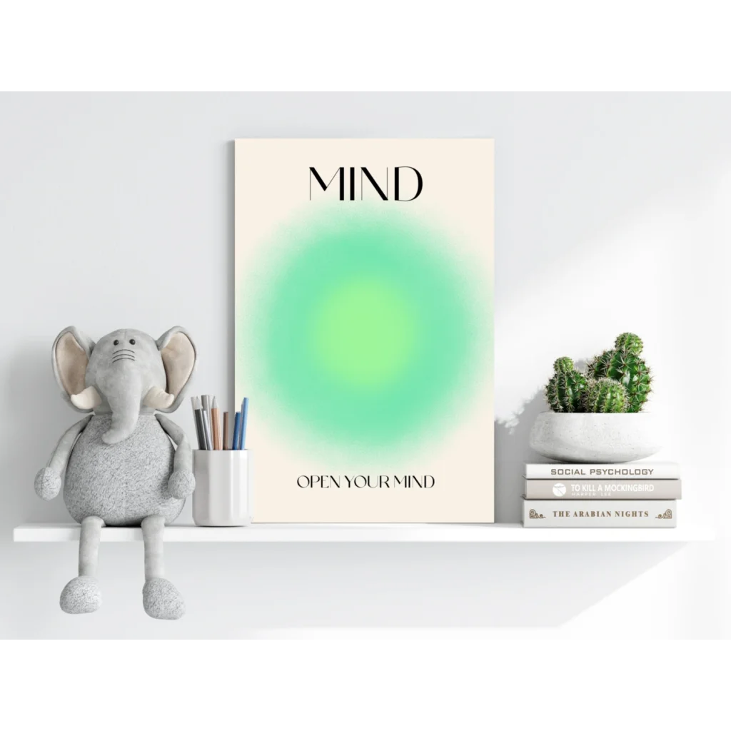 Insigne aluminum prints: beige canvas poster with green gradient circle, mind text
