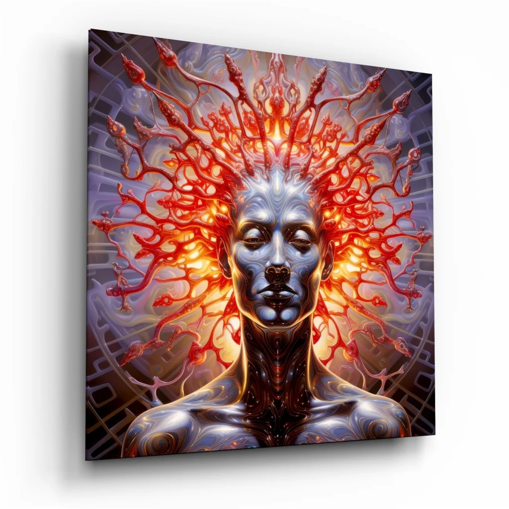 Glowing humanoid tempered glass art with radiant red tendrils
