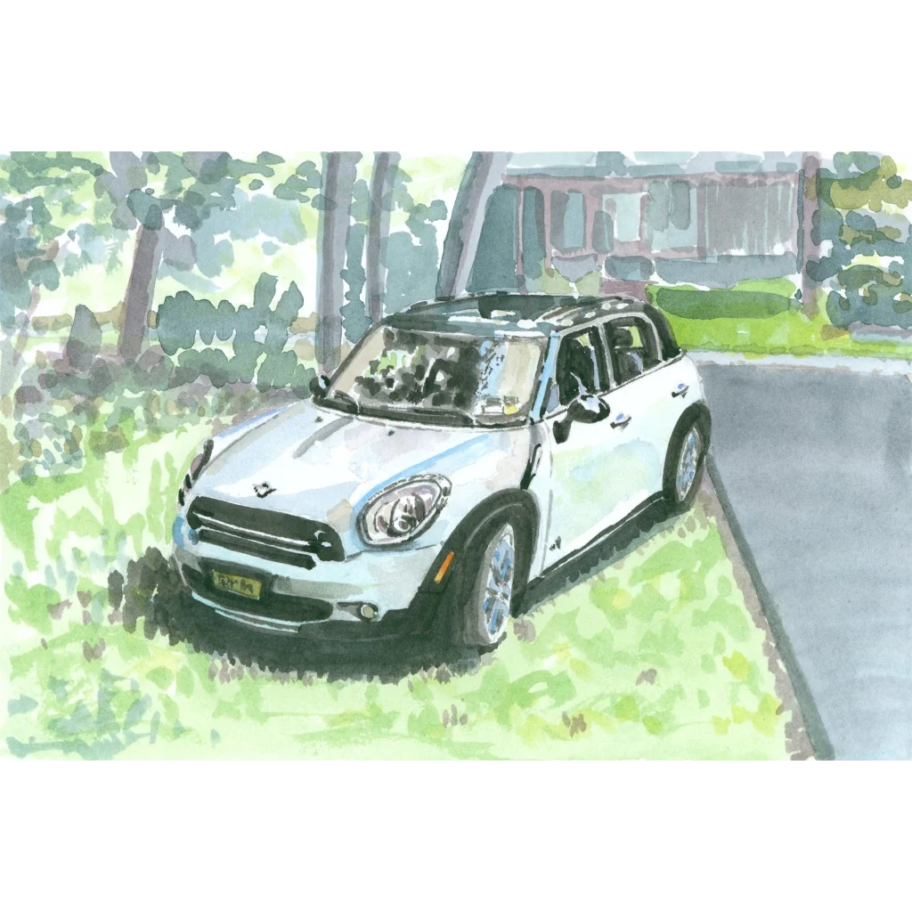 White Mini Cooper Countryman SUV with black roof and silver accents art print