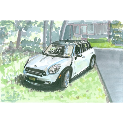 White Mini Cooper Countryman SUV with black roof and silver accents art print