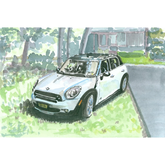 White Mini Cooper Countryman SUV with black roof and silver accents art print