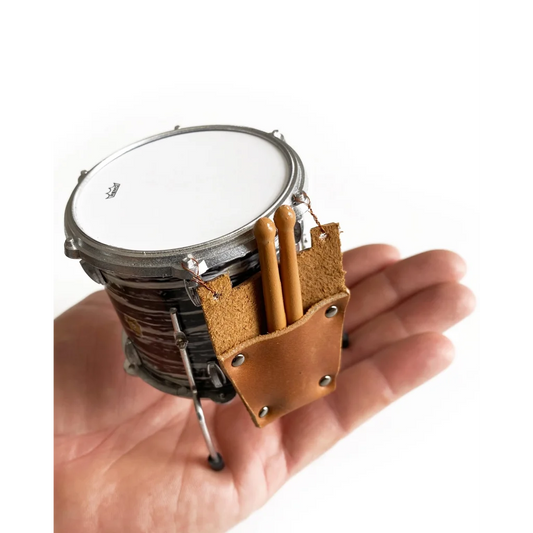 Mini leather drumstick bag with snare drum, strap, and sticks