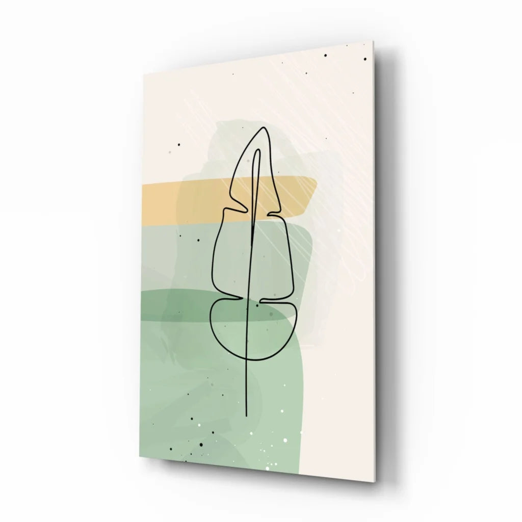 Minimalist leaf glass wall art in soft pastel green and beige
