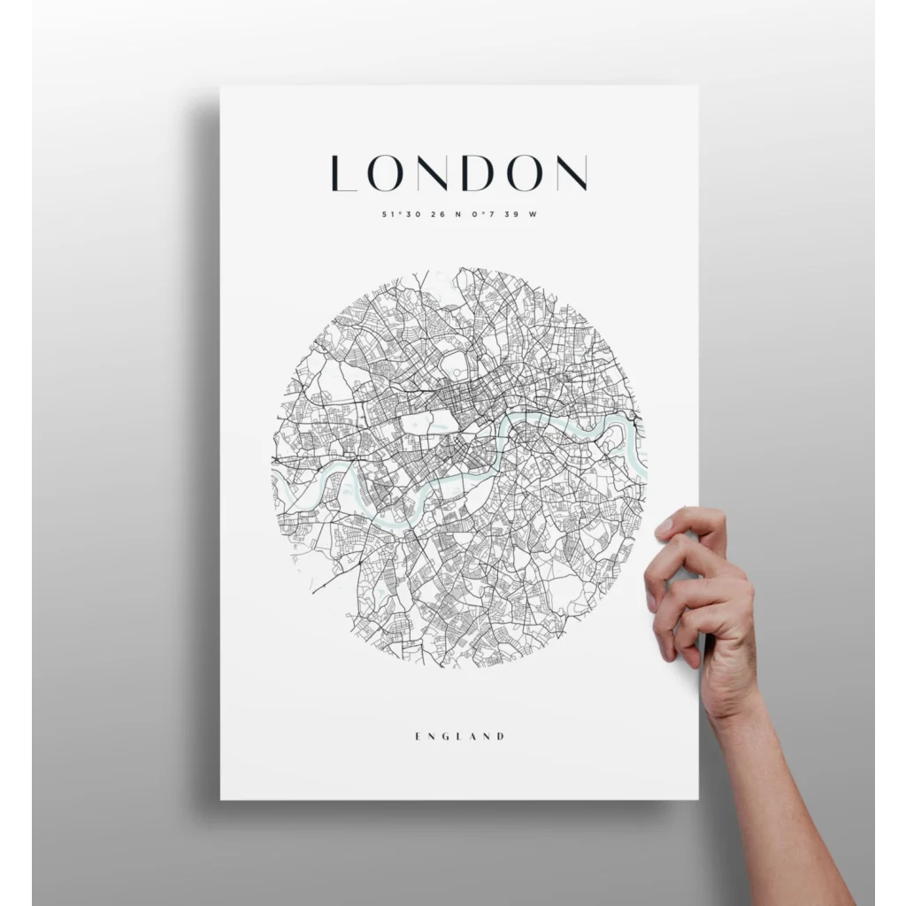 Minimalist black-and-gray line art London map on white aluminum print