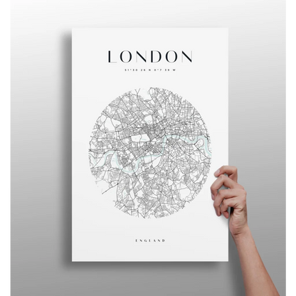Minimalist black-and-gray line art London map on white aluminum print