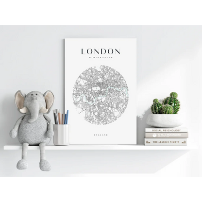 Minimalist London map aluminum print wall art in white frame