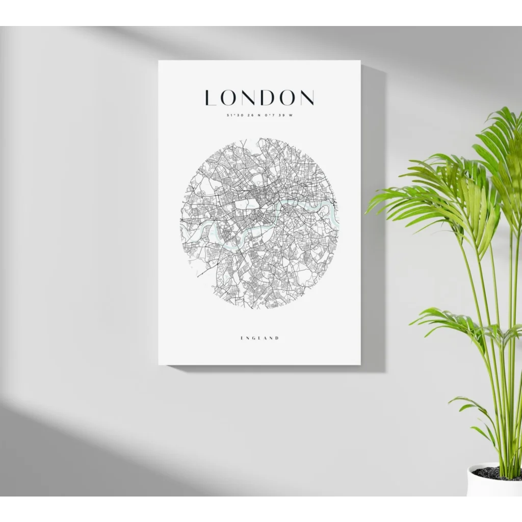 Minimalist black-lined London map on white canvas print for England wall art