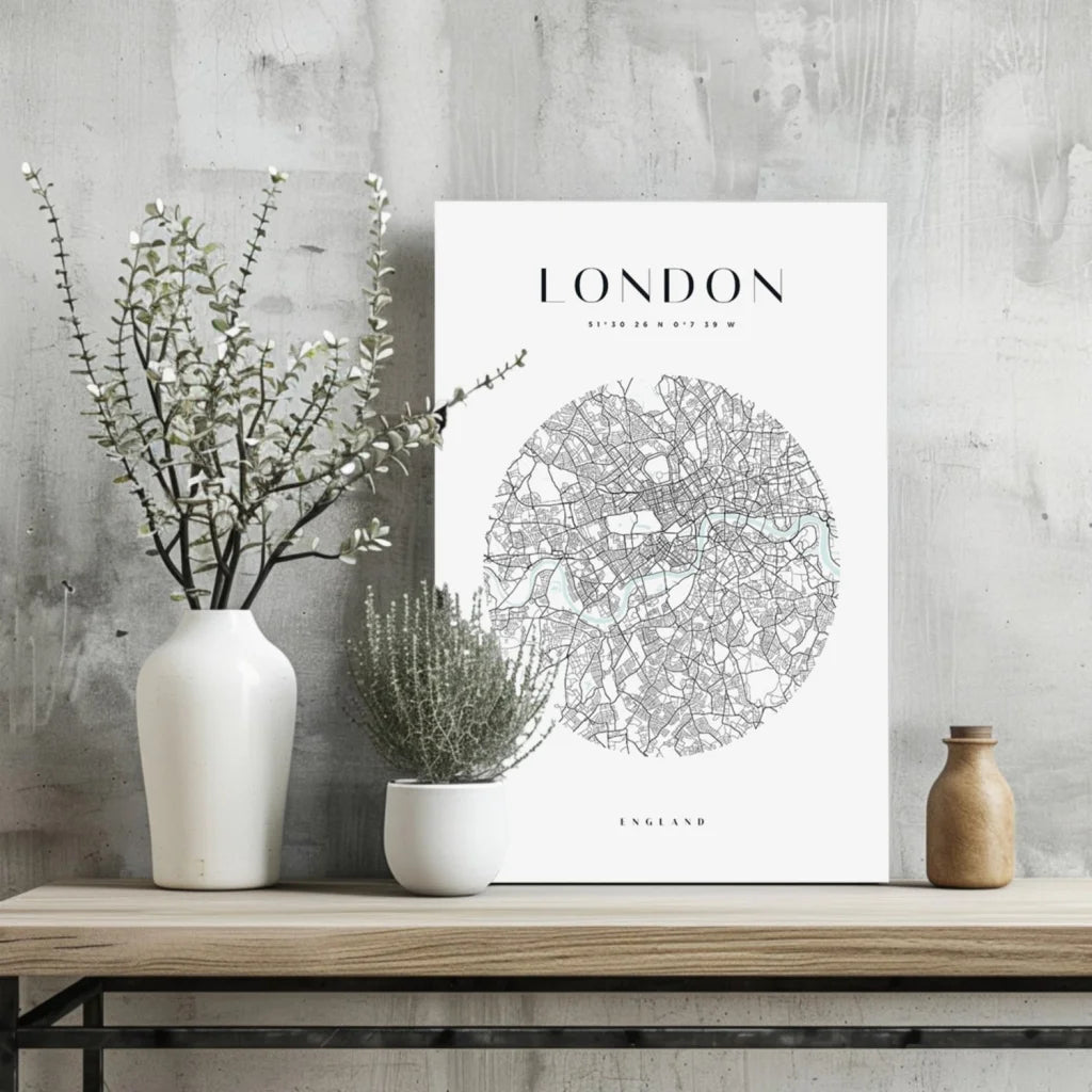 Minimalist London map aluminum print in white frame on shelf