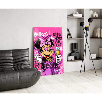 Vibrant pink glass wall art of stylized Minnie Mouse in purple holding champagne with graffiti logos