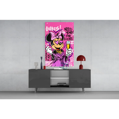 Vibrant Minnie Mouse glass wall art with pink graffiti, purple robe, champagne