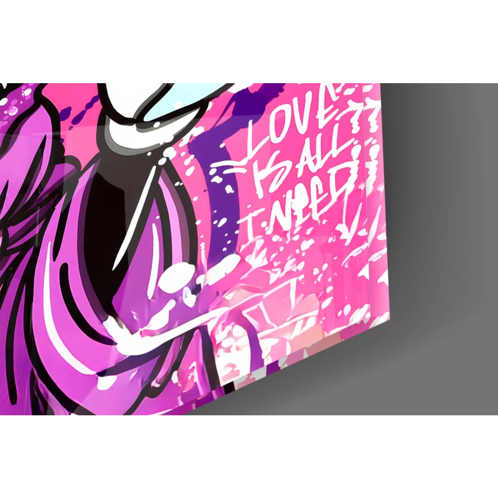 Vibrant pink purple graffiti glass wall art with love is all i need text